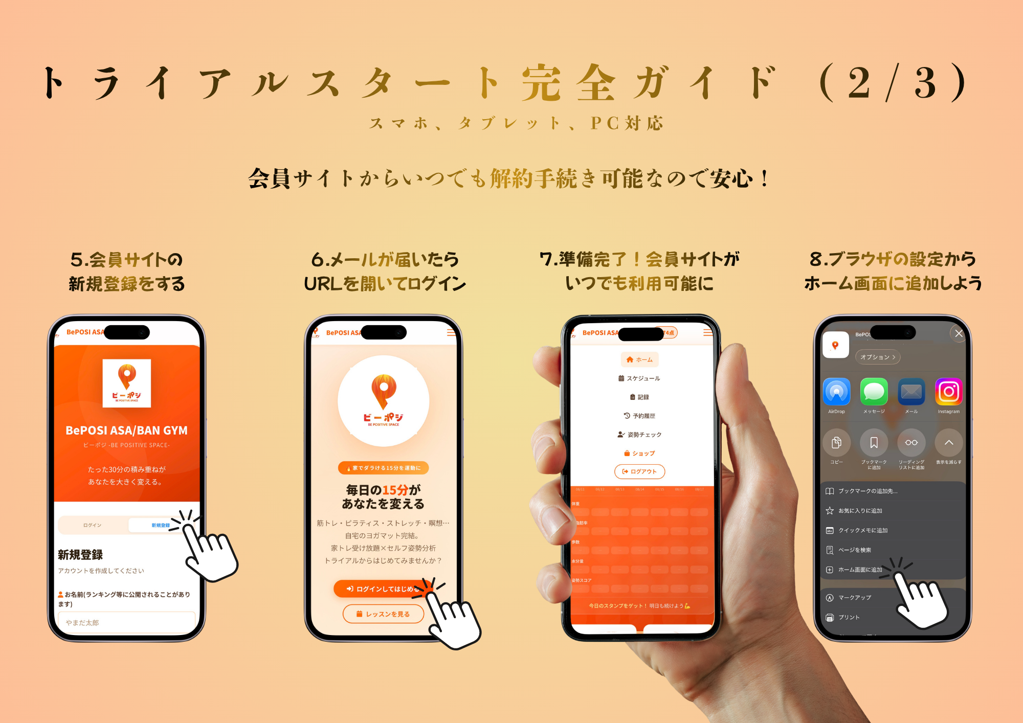 トライアルスタート完全ガイド(2/3): 5.会員サイトの新規登録をする 6.メールが届いたらURLを開いてログイン 7.準備完了！会員サイトがいつでも利用可能に 8.ブラウザの設定からホーム画面に追加しよう